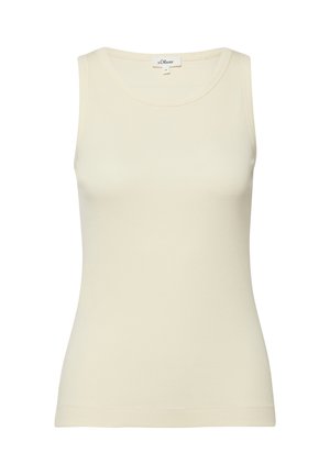 Bez rękawów kremowy prążkowany tank top z okrągłym dekoltem, prostym dołem i metką s.Oliver wewnątrz kołnierza, rozmiar 36.