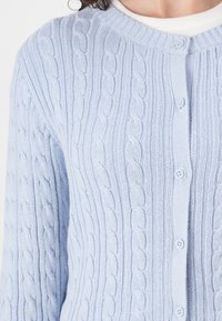 Light blue knitted cardigan with a cable pattern, featuring a round neckline and button closure, made from soft, textured fabric.