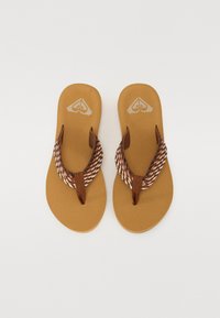 Brown flip-flops with woven straps featuring a cream pattern. The footbed is tan, with a textured sole for grip and comfort.
