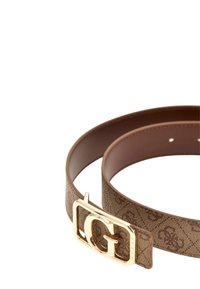 Cintura in tela marrone con motivo testurizzato, fibbia GG tono oro e retro in pelle liscia per una vestibilità regolabile.