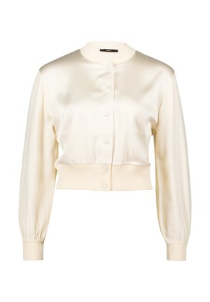 Cream satin cropped cardigan with a round neckline, ribbed cuffs and hem, and five matching buttons down the front. Smooth texture.