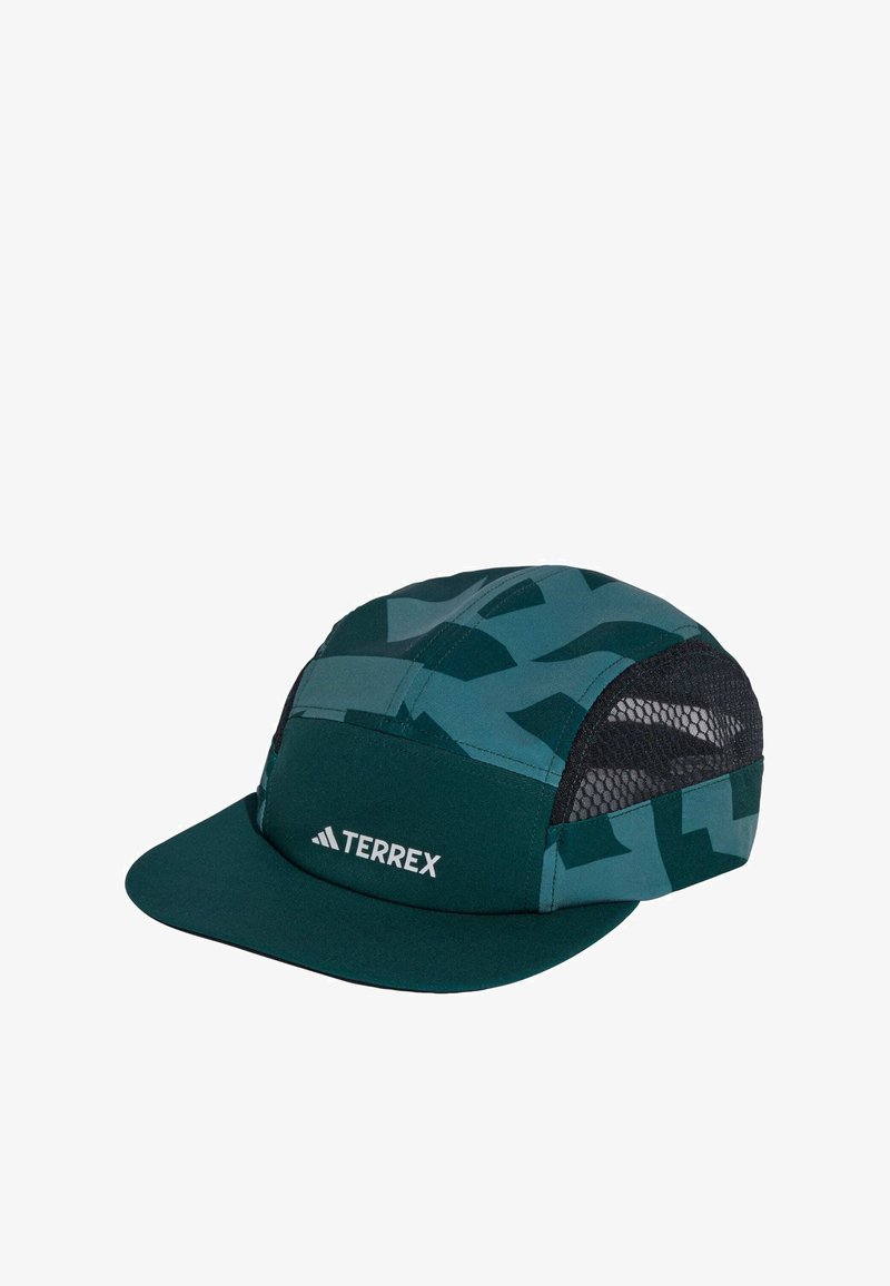 Green and teal cap with a geometric pattern, featuring mesh side panels and a solid front. Logo "TERREX" in white on the front.