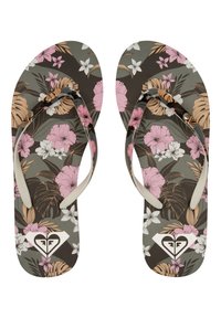 Kukkaaiheiset flip-flopit, joissa on tumma vihreä pohja, vaaleanpunaisia ja valkoisia kukkia, beige hihnat ja teksturoitu pohja. Sydänlogo korostaa.