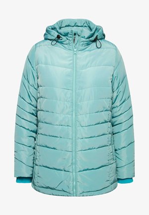 Giacca imbottita in blu acquamarina, dotata di cappuccio, chiusura frontale con zip e polsini elasticizzati. Motivo trapuntato testurizzato in tutto il capo.