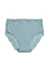 Ba�ñadores de algodón azul claro con un borde de encaje en la cintura y las aberturas de las piernas, con patrones florales en un tono ligeramente contrastante.