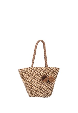 Geweven stro tas met bruin-beige geruit patroon, twee pompon versieringen en één lange handgreep.