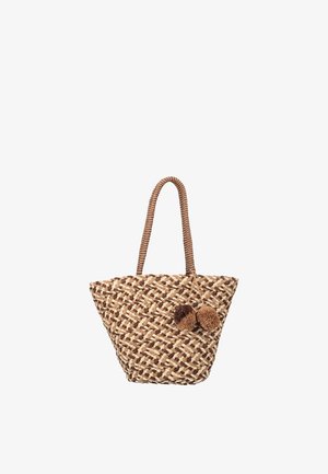 Geweven stro tas met bruin-beige geruit patroon, twee pompon versieringen en één lange handgreep.