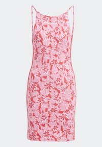 Różowa sukienka bez rękawów z kwiatowym wzorem, z czerwonymi akcentami, dopasowanym krojem i gładką fakturą. Zawiera logo adidas na górze.