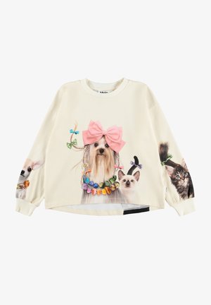 Sweat crème avec un chien portant un grand nœud rose et un collier coloré, flanqué d’un chat et d’un lapin avec de petits nœuds.