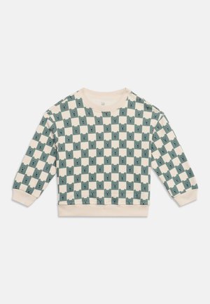 Børnesweatshirt med creme- og grøntternet mønster, skiftevis felter med bjørneansigter, lange ærmer og ribbede manchetter.