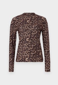 Långärmad åtsittande topp med brun och svart leopardtryck samt hög rund halsringning på en enfärgad bakgrund.