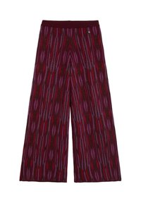 Pantalones de pierna ancha en un patrón púrpura y burdeos, con formas de hojas alargadas y acentos negros. Tejido de punto con un acabado texturizado.