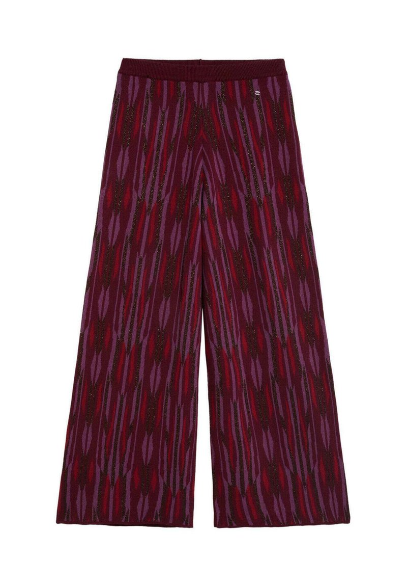Pantalones de pierna ancha en un patrón púrpura y burdeos, con formas de hojas alargadas y acentos negros. Tejido de punto con un acabado texturizado.