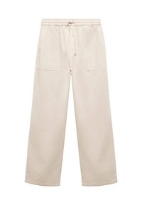 Beige široké kalhoty vyrobené z měkké bavlny. Mají elastický pas s tkaničkou a dvě přední kapsy. Hladká textura, ležérní design.