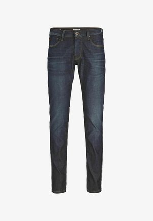 Dark blue denim jeans with a slim fit, featuring five pockets, contrasting stitching, and a button closure at the waist.
