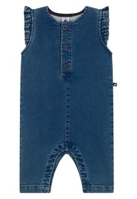 Salopette in denim blu scuro con maniche arricciate, tre bottoni marroni sul collo e fondo aperto per una facile vestibilità.