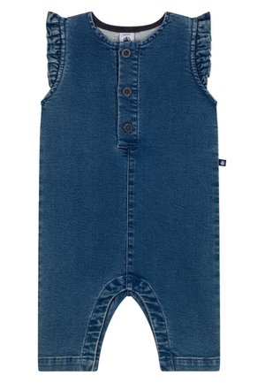 Salopette en denim bleu foncé avec des manches volantées, trois boutons marron au niveau du col, et un bas ouvert pour un enfilage facile.