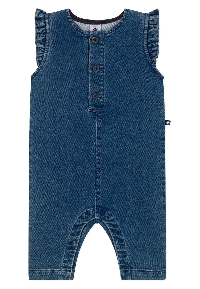 Salopette in denim blu scuro con maniche arricciate, tre bottoni marroni sul collo e fondo aperto per una facile vestibilità.