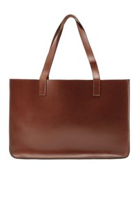 Braune Leder-Tote-Tasche mit flachem Design, doppelten Griffen und glatter Textur. Keine sichtbaren Beschläge oder Verzierungen. Einfache und elegante Erscheinung.
