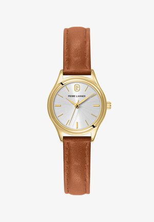 Montre ronde en or avec cadran argenté, index et aiguilles dorés, associée à un bracelet en cuir marron, nom de la marque Pierre Lannier visible.