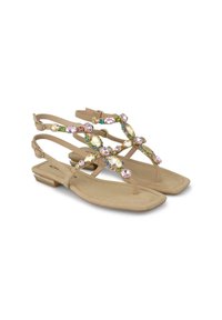 Infradito beige con cinturini decorati da gemme multicolori, un laccetto per le dita e un piccolo tacco a blocco. Materiale morbido e design resistente.