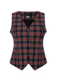 Kariertes Weste in marineblau, rot und gelb; verfügt über einen V-Ausschnitt, fünf Knöpfe, zwei frontale Taschen und eine taillierte Silhouette.