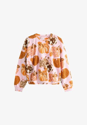 Różowa bluza z długim rękawem z wzorem pomarańczowych dyni, w printy lamparta oraz akcentami kwiatowymi. Miękki materiał z prążkowanymi mankietami.