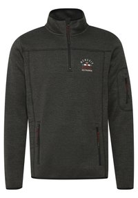 Pull en polaire gris foncé avec un col haut, fermeture éclair à l'avant et deux poches latérales. Comprend des détails de logo et des accents en surpiqûres rouges.