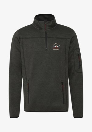 Tumši pelēks buncis ar augstu apkakli, rāvējslēdzēja fronti un divām sānu kabatām. Iezīmēts ar logotipa detaļu un sarkanu diegu akcentiem.