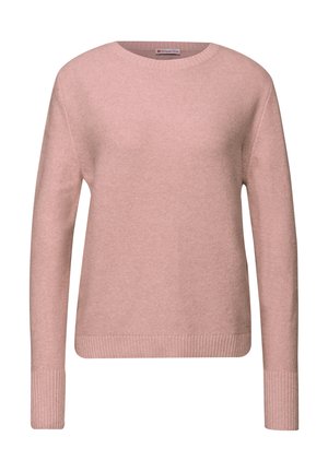 Różowy sweter z długimi rękawami, okrągłym dekoltem oraz ściągaczami na mankietach i u dołu. Wykonany z miękkiego dzianinowego materiału o subtelnym fakturowanym wykończeniu.