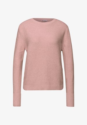 Różowy sweter z długimi rękawami, okrągłym dekoltem oraz ściągaczami na mankietach i u dołu. Wykonany z miękkiego dzianinowego materiału o subtelnym fakturowanym wykończeniu.