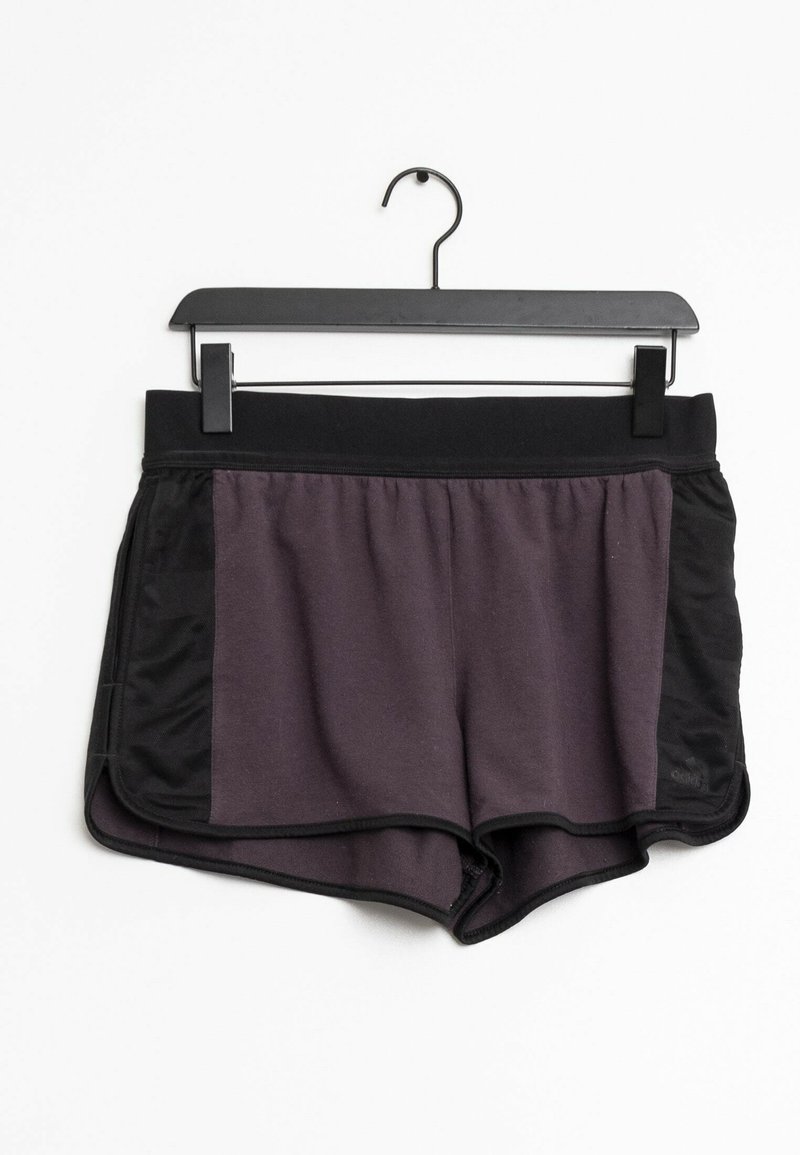 Purple workout shorts with a black waistband and side panels, featuring a smooth texture and a layered design for ease of movement.