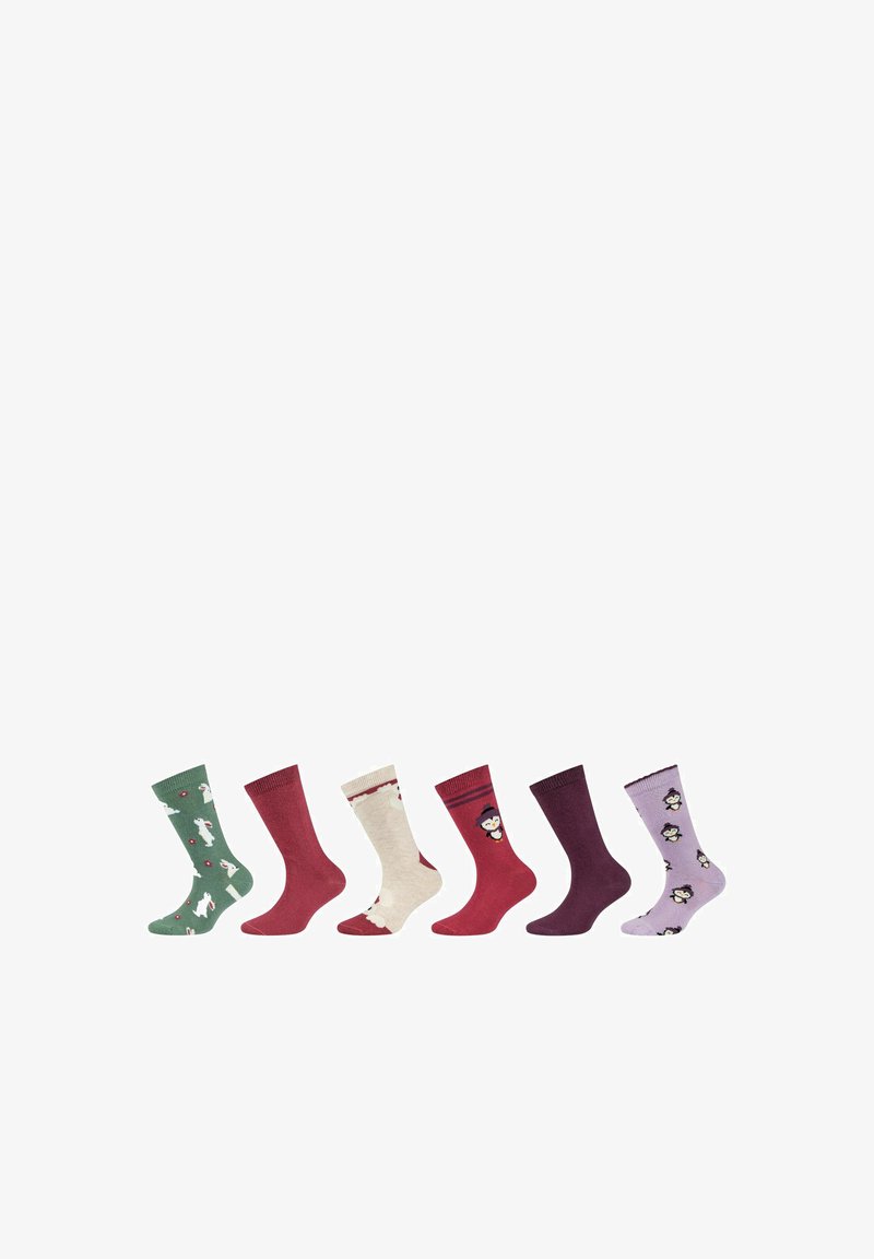 Set von sechs assortierten Socken: grün mit Hasen, cremefarben mit roten Akzenten, bordeauxrot, dunkelbordeaux und helllila mit Pinguinen. Mittlere Länge.