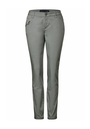 Pantalones grises ajustados para mujer con trabillas, botón delantero, cremallera y un pequeño bolsillo con cremallera en la cadera derecha.