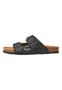 Černé sandály s dvěma nastavitelnými p�ásky, korkovou stélkou a gumovou podrážkou. Logo "Pepe Jeans" umístěné na boku. Rovný design.