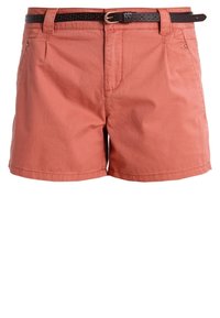 Men's coral shorts made of cotton with a smooth texture, featuring a brown belt, front pockets, and a tailored fit.