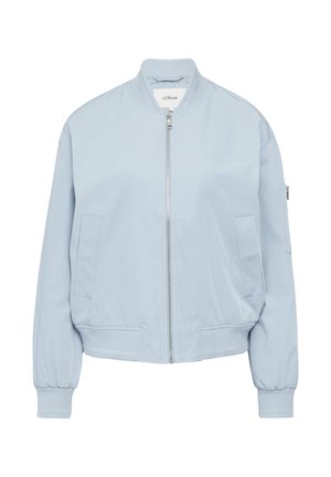 Lichtblauwe bomberjack van gladde stof. Beschikt over een frontrits, twee zijzakken en ribgebreide manchetten en kraag.
