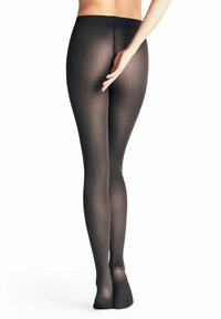 Undurchsichtige schwarze Strumpfhosen mit glatter Textur, hohem Bund und transparenter Optik, die eng um die Beine anliegen.