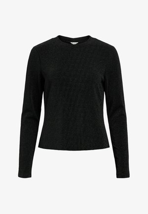 Black long-sleeve fitted top with a round neckline and subtle textured fabric, displayed on a white background.