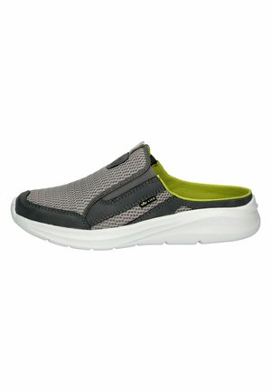 Slip-on casual shoe with gray mesh upper, black accents, lime green interior lining, and white cushioned sole.
