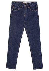 Jean en denim bleu foncé coupe droite avec bouton et fermeture éclair devant, cinq poches et coutures contrastantes.