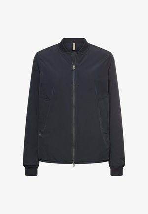 Navy bomber jacket, nylon material, zip closure, ribbed collar and cuffs, side pockets, smooth texture, minimal design.