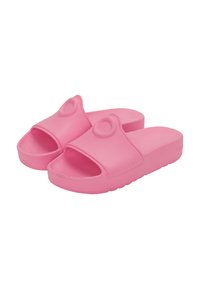 Infradito in gomma rosa con design aperto, dotati di un accento arrotondato sulle cinghie e una suola testurizzata per garantire aderenza.