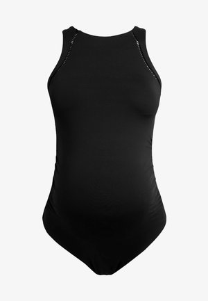 Traje de baño de una pieza negro con un escote alto, paneles laterales texturizados y una silueta ajustada. Fabricado con un tejido de natación elástico, de textura suave.