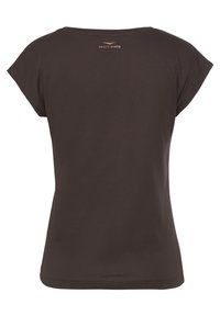 Dark brown short-sleeve t-shirt with a rounded neckline. Features a subtle "Venice Beach" label in metallic detail on the upper back.
