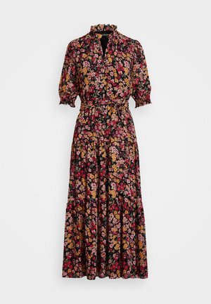 Robe midi fleurie avec col à volants, manches courtes bouffantes, taille ceinturée, jupe à volants en rouge, rose, jaune et vert sur fond noir.