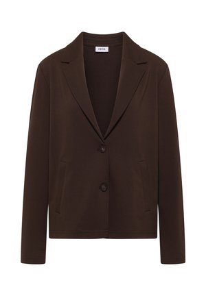 Tummanruskea naisten bleiseri pitkähihaisilla hihoilla, kahdella napilla, kauluskäänteellä ja sivutaskuilla, joissa sisäpuolella "CECIL" -merkintä.