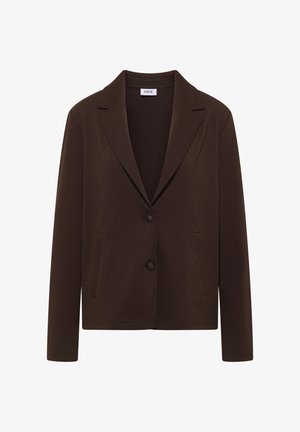 Ciemnobrązowa damska marynarka z długimi rękawami, dwoma guzikami, kołnierzem z klapami i bocznymi kieszeniami, z metką "CECIL" wewnątrz kołnierza.