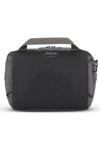 Borsa da viaggio in rete grigia con forma rettangolare, manico robusto, chiusura con zip e cinghie laterali per opzioni di trasporto aggiuntive.