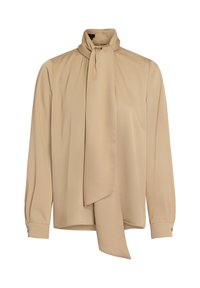 Beige silk blouse with a high neck and long tied bow detail. Features long sleeves with buttoned cuffs and a smooth, textured fabric.